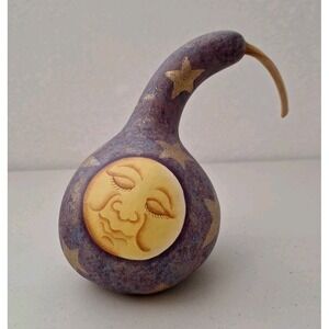 Vtg Hand Painted Gourd Moon & Stars Christmas Holiday Folk Art Signed 9"x 5"